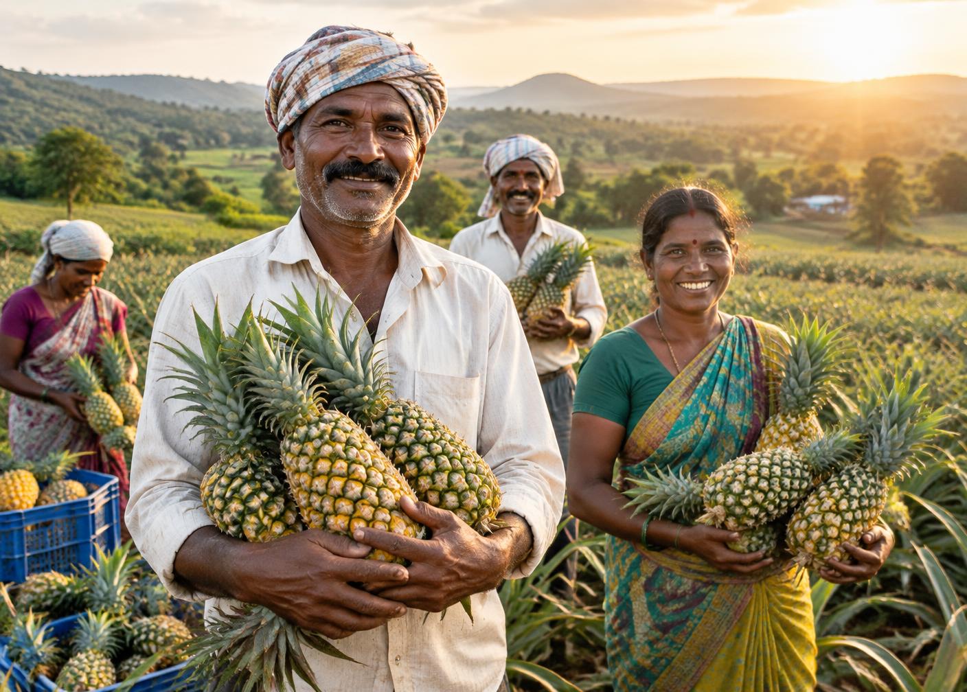 Farmers harvesting pineapples with FPO partners in Karnataka